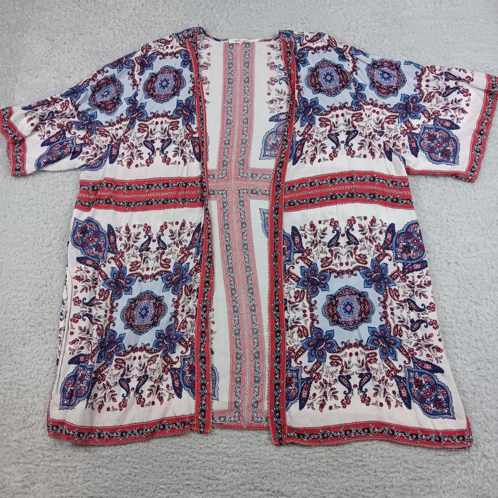 Maurices Kimono Cardigan Women 3X Red Blue Paisley Floral Boho Open Front